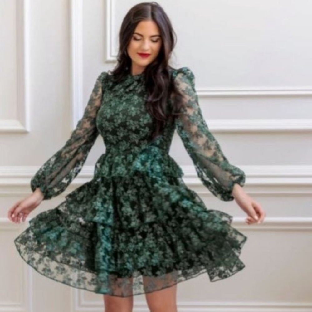 NWOT RACHEL PARCELL Metallic Embroidery Green Lace Ruffle Dress Size XL.